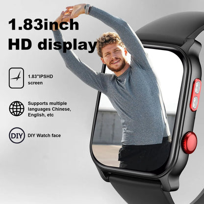 Smart Watch for Men 1.83 inch Screen 100+ Sports Modes Wireless Call Flashlight IP68 Waterproof Sleep Monitoring Sport Smartwat