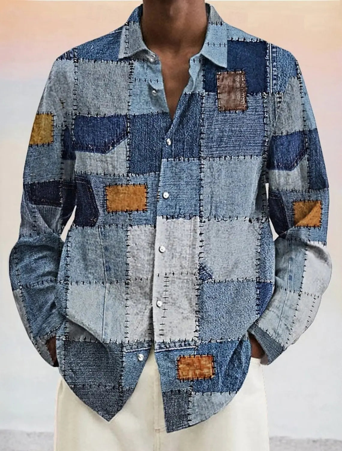 Men's Geometric Color Block Shirt Button Up Shirt Long Sleeve Fashion Casual Vacation Turndown 3D Print Polyster Shirts