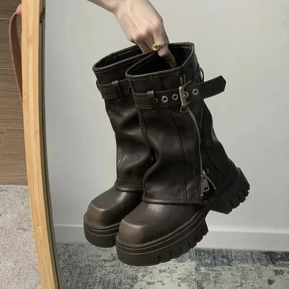Winter Women Biker Boots Fashion Belt Buckle Ladies Elegant Platform Flats Short Booties Casual Women's Knight Booties 2026 New