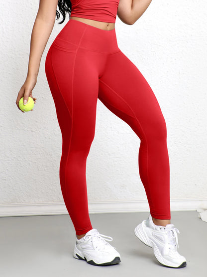 Women Leggings with Double Pockets Solid Color High Waist Butt Lifting Workout Tights Slim Elastic Pants Casual Wear