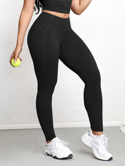Women Leggings with Double Pockets Solid Color High Waist Butt Lifting Workout Tights Slim Elastic Pants Casual Wear