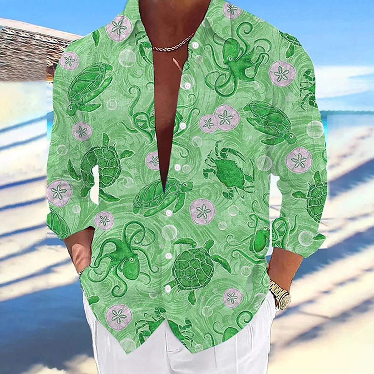 Men's Long-sleeved Linen Shirt Casual And Comfortable Printed Sea Octopus Turtle Series Pattern Hawaiian Comfortable Large Size