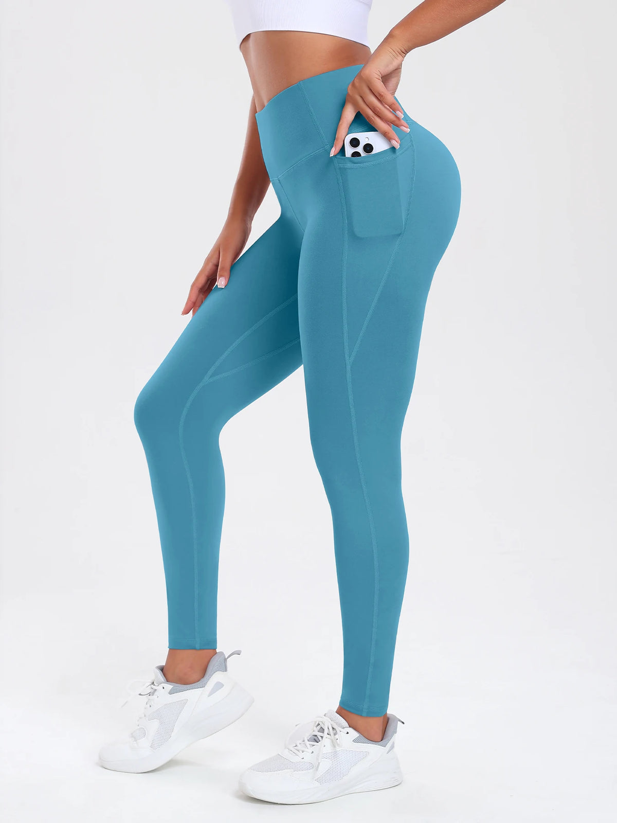 Women Leggings with Double Pockets Solid Color High Waist Butt Lifting Workout Tights Slim Elastic Pants Casual Wear