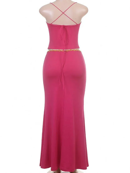 2 Piece Sets Tops And Skirt Elegant Women Sleeveless Sexy Long Maxi Dress Fashion Evening Ladies Street Party Vestidos Summer