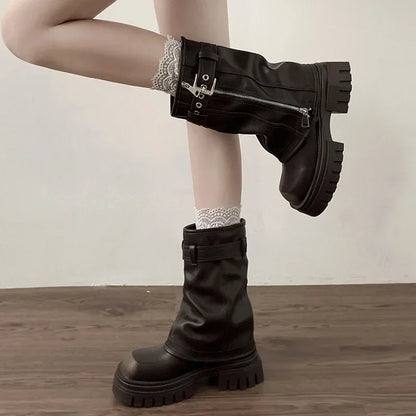 Winter Women Biker Boots Fashion Belt Buckle Ladies Elegant Platform Flats Short Booties Casual Women's Knight Booties 2026 New