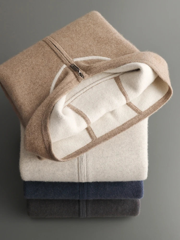Luxury Men's 100% Cashmere Hooded Sweater Cardigan Casual Cashmere Pants Thick Warm Knitwear Autumn Winter Jacket Hoodie Tops