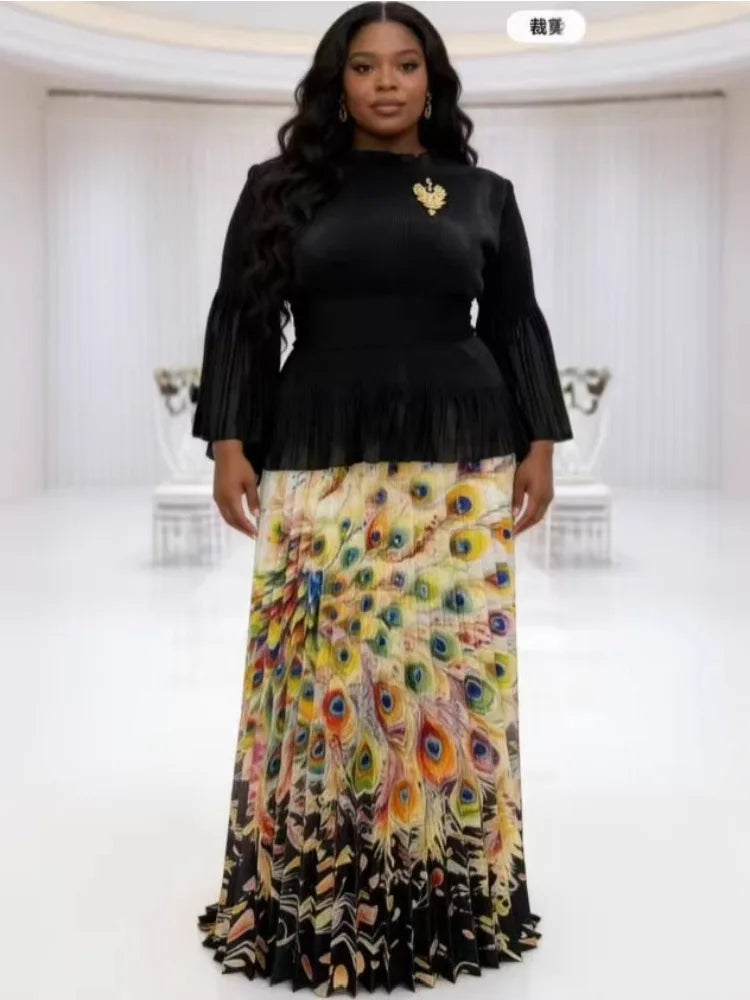 African Miyake Folds 2026 New Printing Set Loose Fashion Loose Women's Clothing Pleated Skirt Two-piece Set