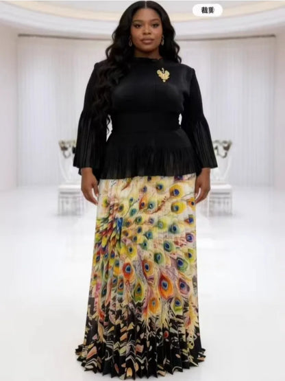 African Miyake Folds 2026 New Printing Set Loose Fashion Loose Women's Clothing Pleated Skirt Two-piece Set