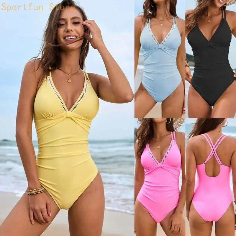 Women Push Up Bathing Suit 1 Swimsuit Ladies Double Straps Swimwear Fashion V-Neck Swimming Suit for Beachwear X7JD