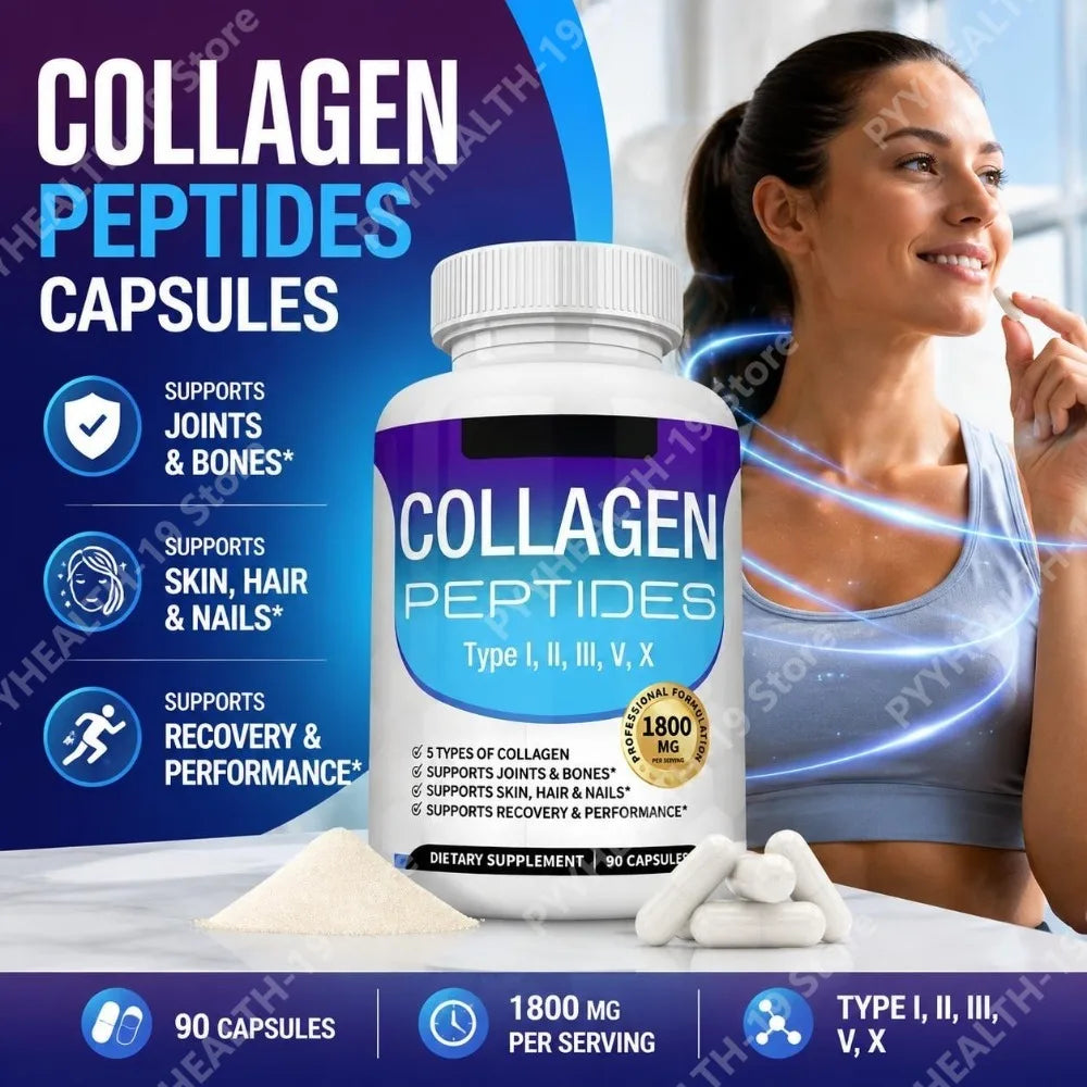 Collagen Peptides Capsules with 5 Types of Collagen for Joints, Bones, Skin, Hair & Nails Wellness Support, Adults, 90 Capsules