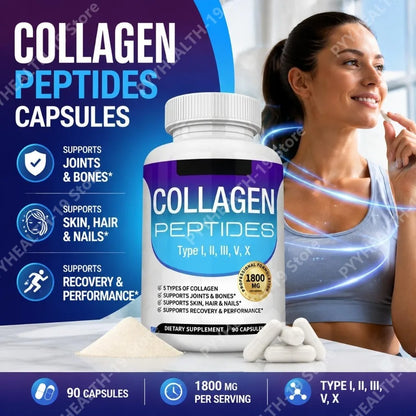 Collagen Peptides Capsules with 5 Types of Collagen for Joints, Bones, Skin, Hair & Nails Wellness Support, Adults, 90 Capsules