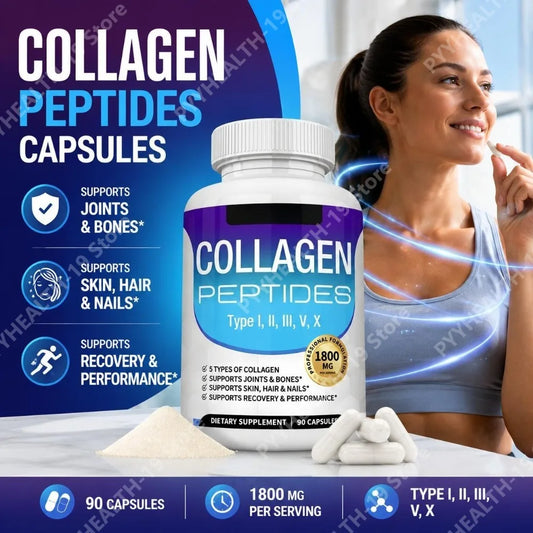 Collagen Peptides Capsules with 5 Types of Collagen for Joints, Bones, Skin, Hair & Nails Wellness Support, Adults, 90 Capsules