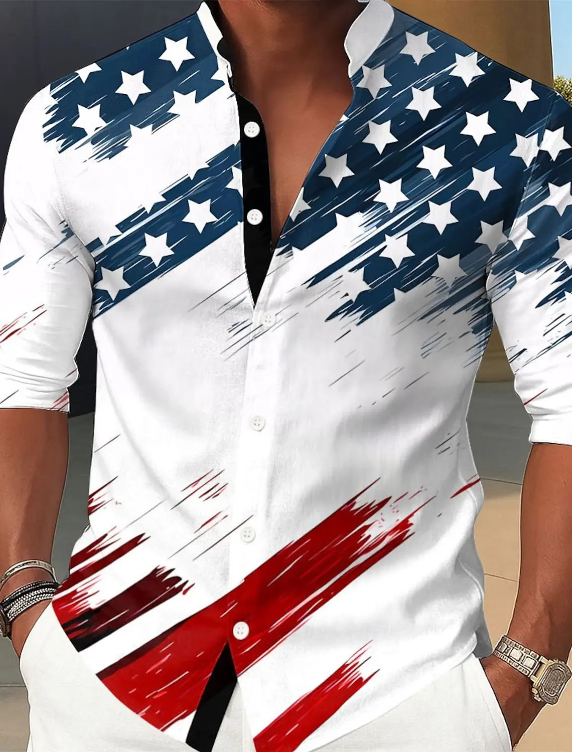 Men's US Flag Patriotic Shirt Casual Dress Shirt Long Sleeve Casual Summer Mandarin Collar Band Collar 3D Print Button Up Shirts
