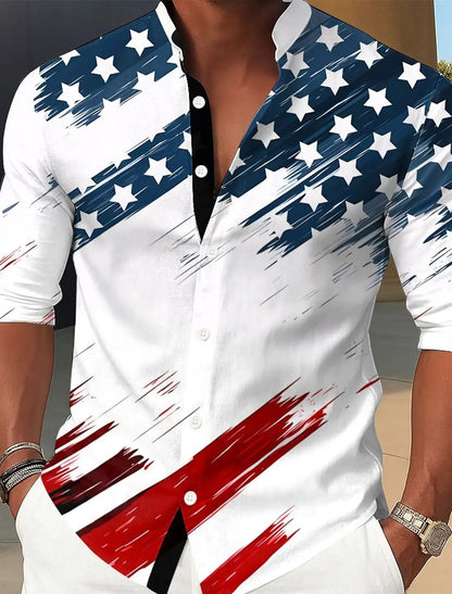 Men's US Flag Patriotic Shirt Casual Dress Shirt Long Sleeve Casual Summer Mandarin Collar Band Collar 3D Print Button Up Shirts