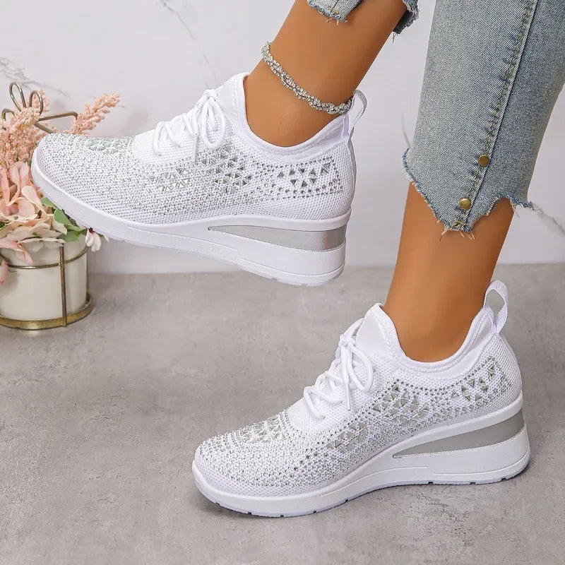 Sneakers Fall New Fashion  Round Toe Rhinestone Mesh Lace-Up Front Platform Non-Slip Wear-Resistant Wedge