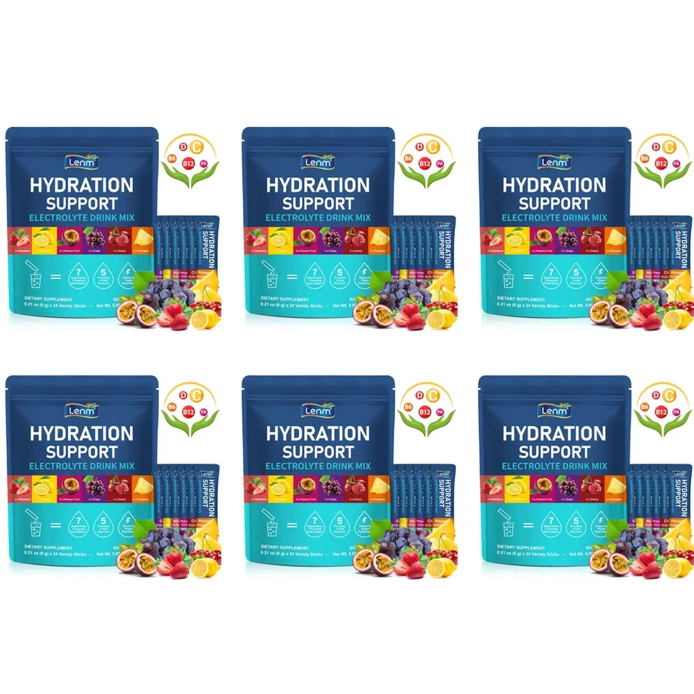 Lenm Electrolyte Drink Mix Powder with 7 Electrolytes and 5 Vitamins, Sugar-Free Vegan Travel Hydration Support 24 Sticks