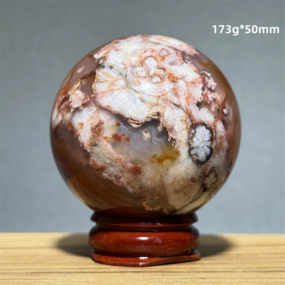 Red Cherry Blossom Agate Ball Natural Mineral Gem Aura Spiritual Meditation Massage Energy Divination Home Decoration Gift+Base