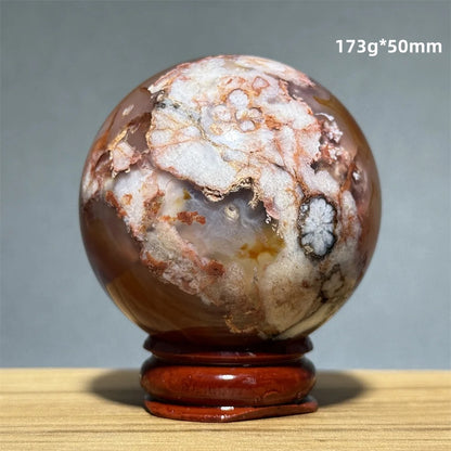 Red Cherry Blossom Agate Ball Natural Mineral Gem Aura Spiritual Meditation Massage Energy Divination Home Decoration Gift+Base