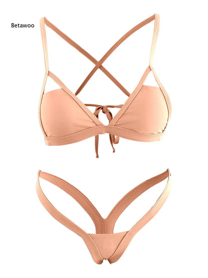 2026 Women Crisscross Back Triangle Bikini Set, Front Tie Top & High Cut Thong Bottom