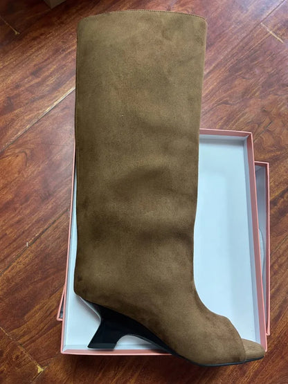 2026Women's Fish Mouth Thick High Heels Knee Length Cool Boots Slant Heel Fashion Show Large Size Spring/Summer Women's Boots