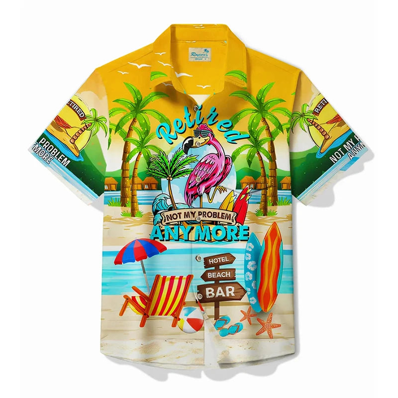 Anime Cartoon Flamingo Funny Shirt For Men Retro Plant 3D Print Leisure Quickly Dry Button Shirts Summer Street Popular Blouse