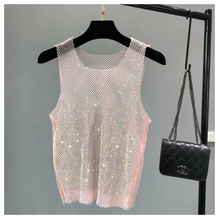 Crystal Beading Shiny Tanks Party Club Sexy Hollow Out Diamonds Stamping Camis Winky Sleeveless Vest