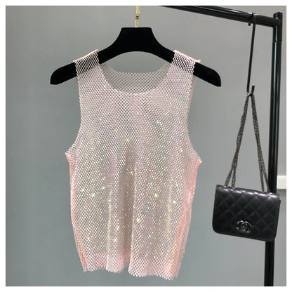 Crystal Beading Shiny Tanks Party Club Sexy Hollow Out Diamonds Stamping Camis Winky Sleeveless Vest