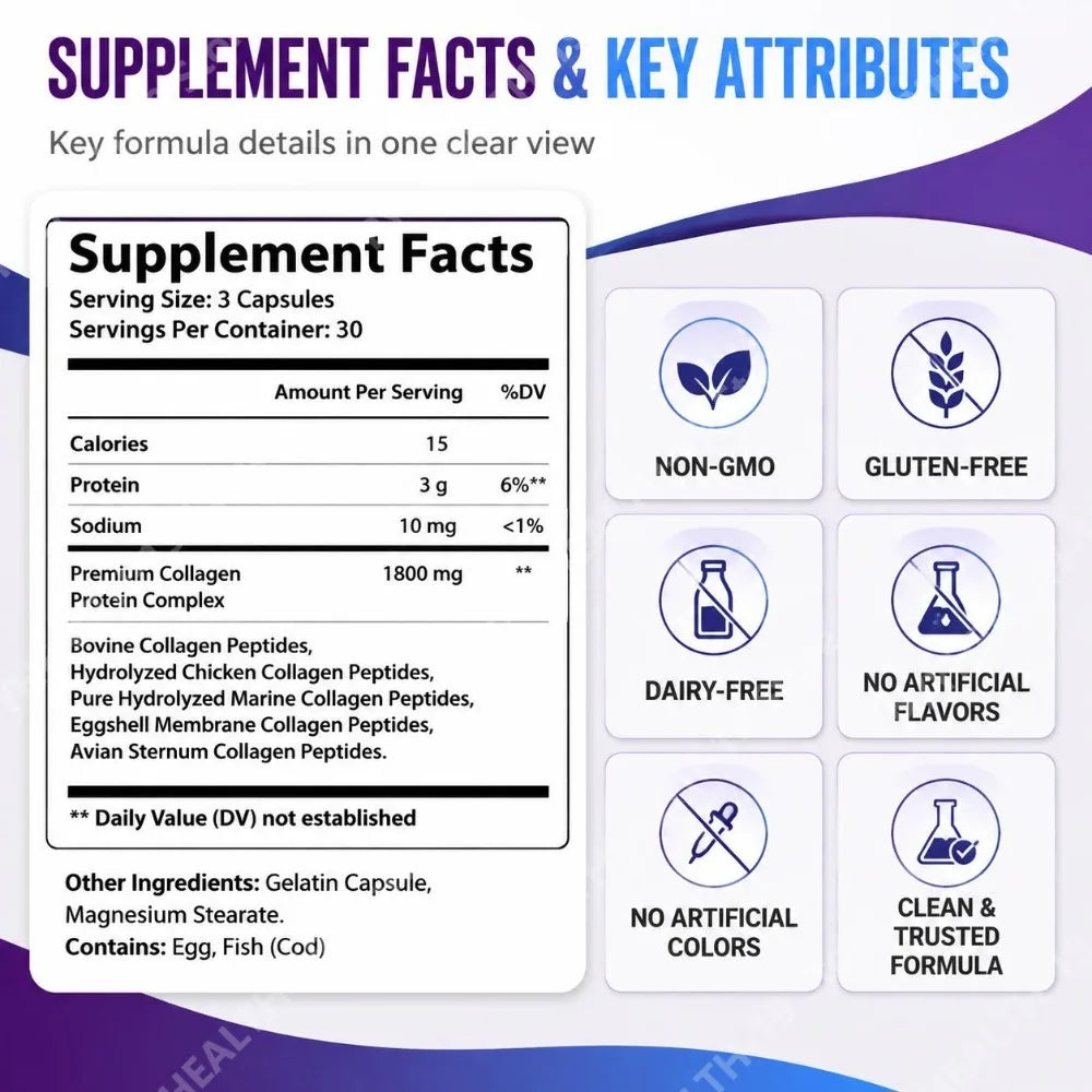 Collagen Peptides Capsules with 5 Types of Collagen for Joints, Bones, Skin, Hair & Nails Wellness Support, Adults, 90 Capsules