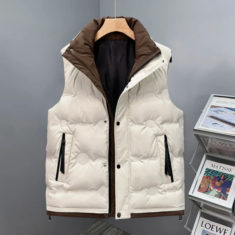 Autumn and Winter Men's Down Cotton Vest Men Windproof Warm Vest Jackets New Trend Fashion Zipper Hooded Solid Color Vest Coat