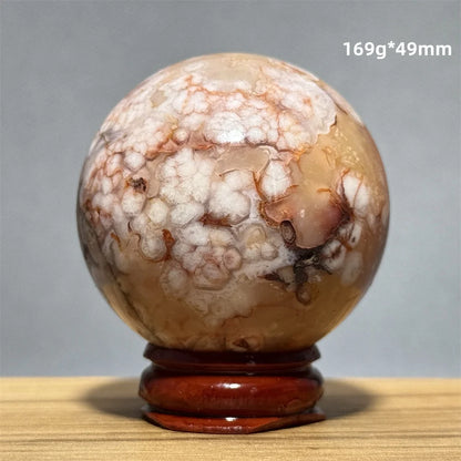 Red Cherry Blossom Agate Ball Natural Mineral Gem Aura Spiritual Meditation Massage Energy Divination Home Decoration Gift+Base