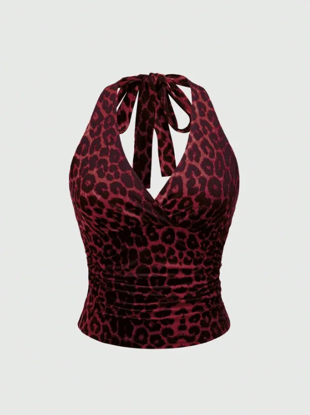 Retro Leopard Print Backless Fashion Sleeveless Summer Women's Casual Halterneck Vest Sexy Backless Lace-up Top Ropa Para Mujer