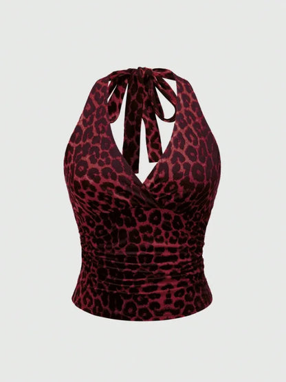 Retro Leopard Print Backless Fashion Sleeveless Summer Women's Casual Halterneck Vest Sexy Backless Lace-up Top Ropa Para Mujer