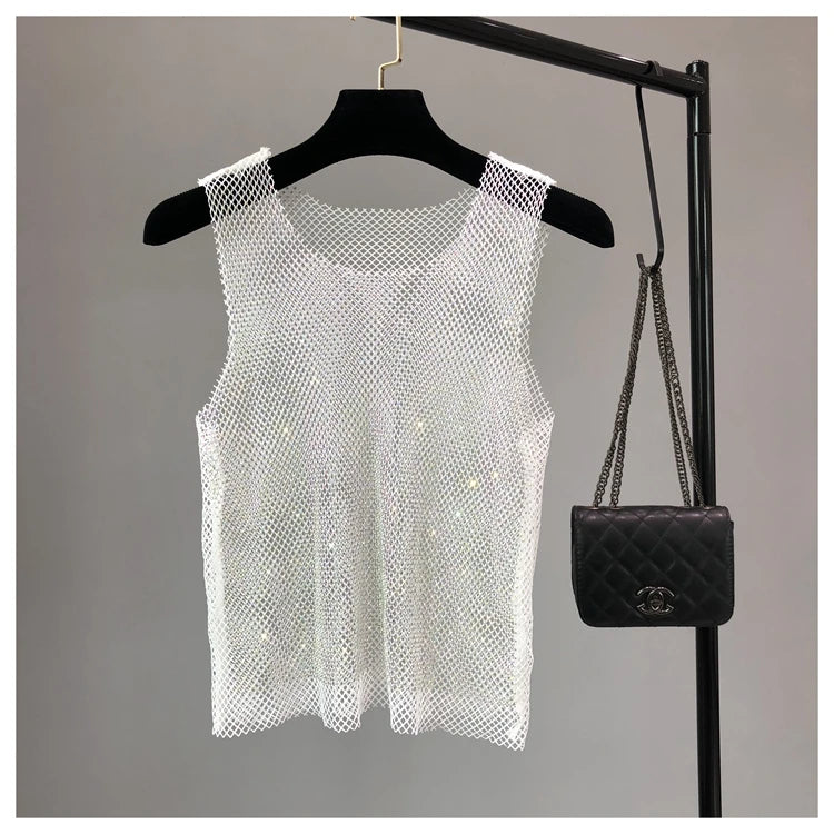 Crystal Beading Shiny Tanks Party Club Sexy Hollow Out Diamonds Stamping Camis Winky Sleeveless Vest