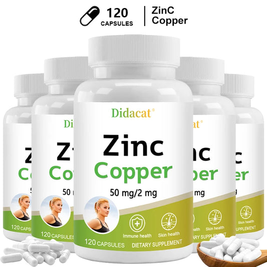 Zinc and Copper Dietary Supplement, 120 Capsules, Mineral and Antioxidant Supplement, Immunity and Mood, Supports Skin Health