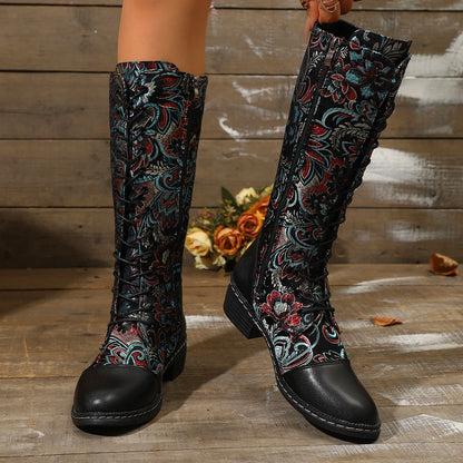 Women's Boots for Winter New Best-selling Bohemian Embroidered Zipper Boots Large Size Folk Style Color-blocking Western Boots