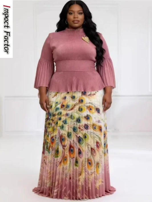 African Miyake Folds 2026 New Printing Set Loose Fashion Loose Women's Clothing Pleated Skirt Two-piece Set