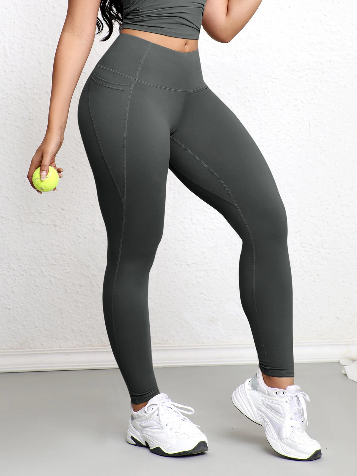 Women Leggings with Double Pockets Solid Color High Waist Butt Lifting Workout Tights Slim Elastic Pants Casual Wear