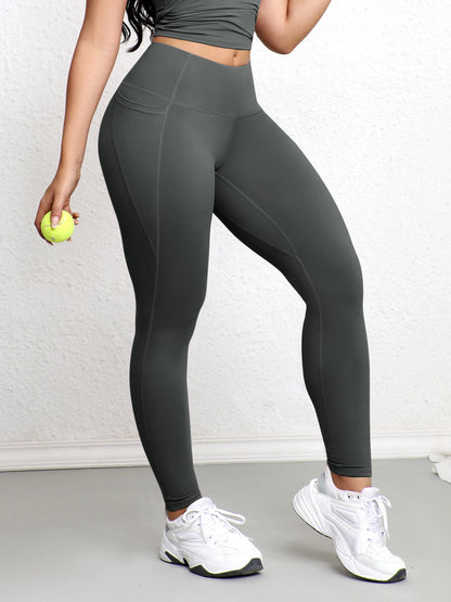Women Leggings with Double Pockets Solid Color High Waist Butt Lifting Workout Tights Slim Elastic Pants Casual Wear