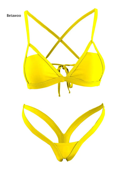 2026 Women Crisscross Back Triangle Bikini Set, Front Tie Top & High Cut Thong Bottom