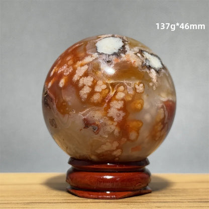 Red Cherry Blossom Agate Ball Natural Mineral Gem Aura Spiritual Meditation Massage Energy Divination Home Decoration Gift+Base