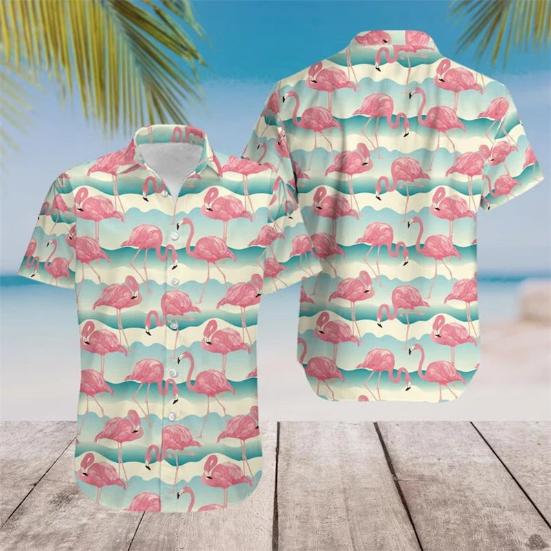 Anime Cartoon Flamingo Funny Shirt For Men Retro Plant 3D Print Leisure Quickly Dry Button Shirts Summer Street Popular Blouse