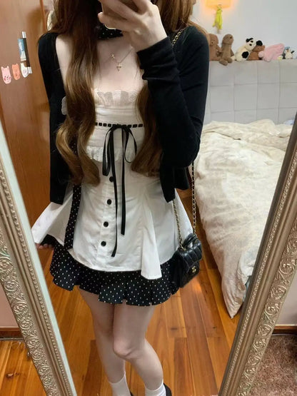 Korea Chic Patchwork Design Party Sets Loose Cardigan Jacket + Lace Bow Camisole Top + Mini Skirt Sweet Three-piece Set Women