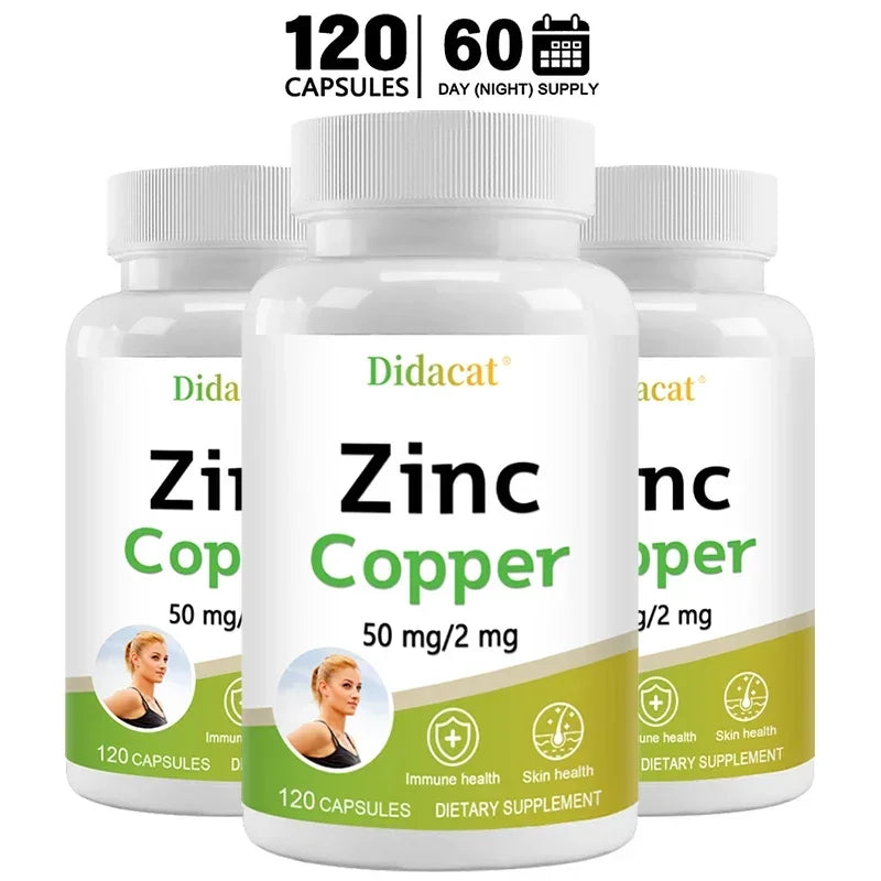 Zinc and Copper Dietary Supplement, 120 Capsules, Mineral and Antioxidant Supplement, Immunity and Mood, Supports Skin Health