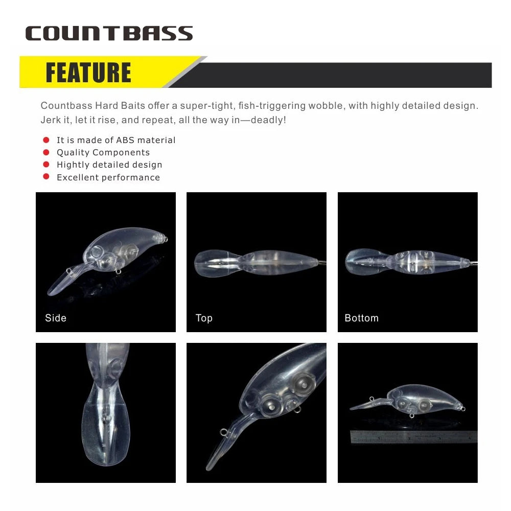 Countbass 10Pcs Blank Hard Lure Bodies, Deep Floating Crankbaits 65mm/2.6" 13.5g/0.47oz, Unpainted Fishing Baits, Plug, Wobblers