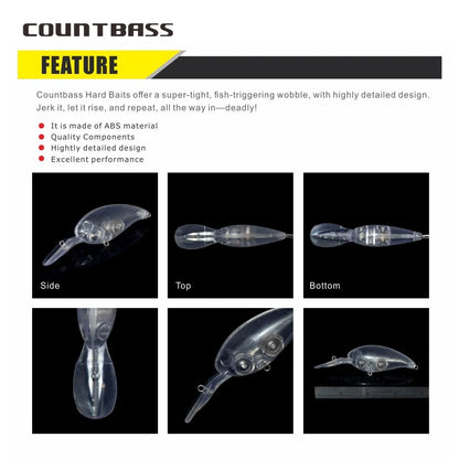 Countbass 10Pcs Blank Hard Lure Bodies, Deep Floating Crankbaits 65mm/2.6" 13.5g/0.47oz, Unpainted Fishing Baits, Plug, Wobblers