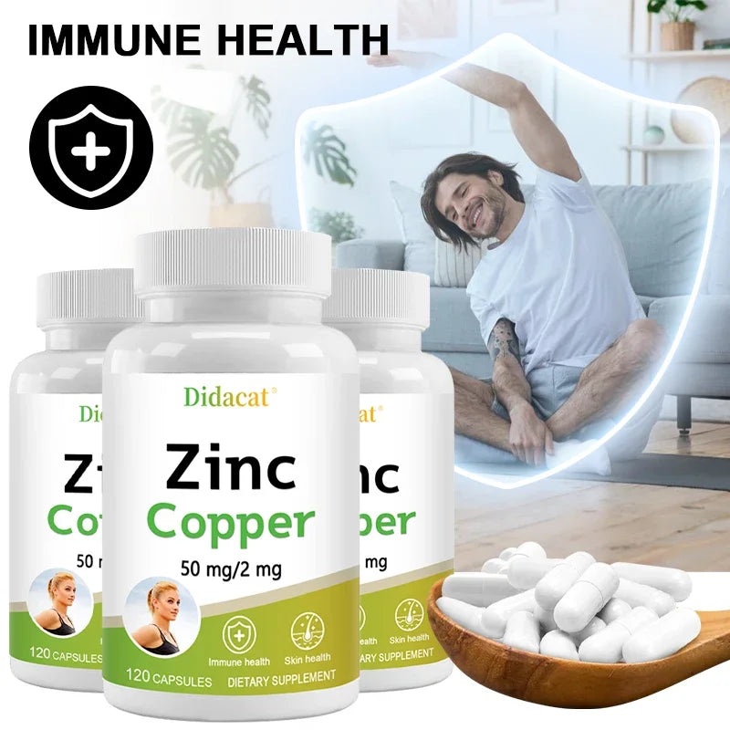Zinc and Copper Dietary Supplement, 120 Capsules, Mineral and Antioxidant Supplement, Immunity and Mood, Supports Skin Health