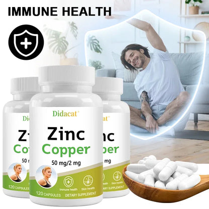 Zinc and Copper Dietary Supplement, 120 Capsules, Mineral and Antioxidant Supplement, Immunity and Mood, Supports Skin Health