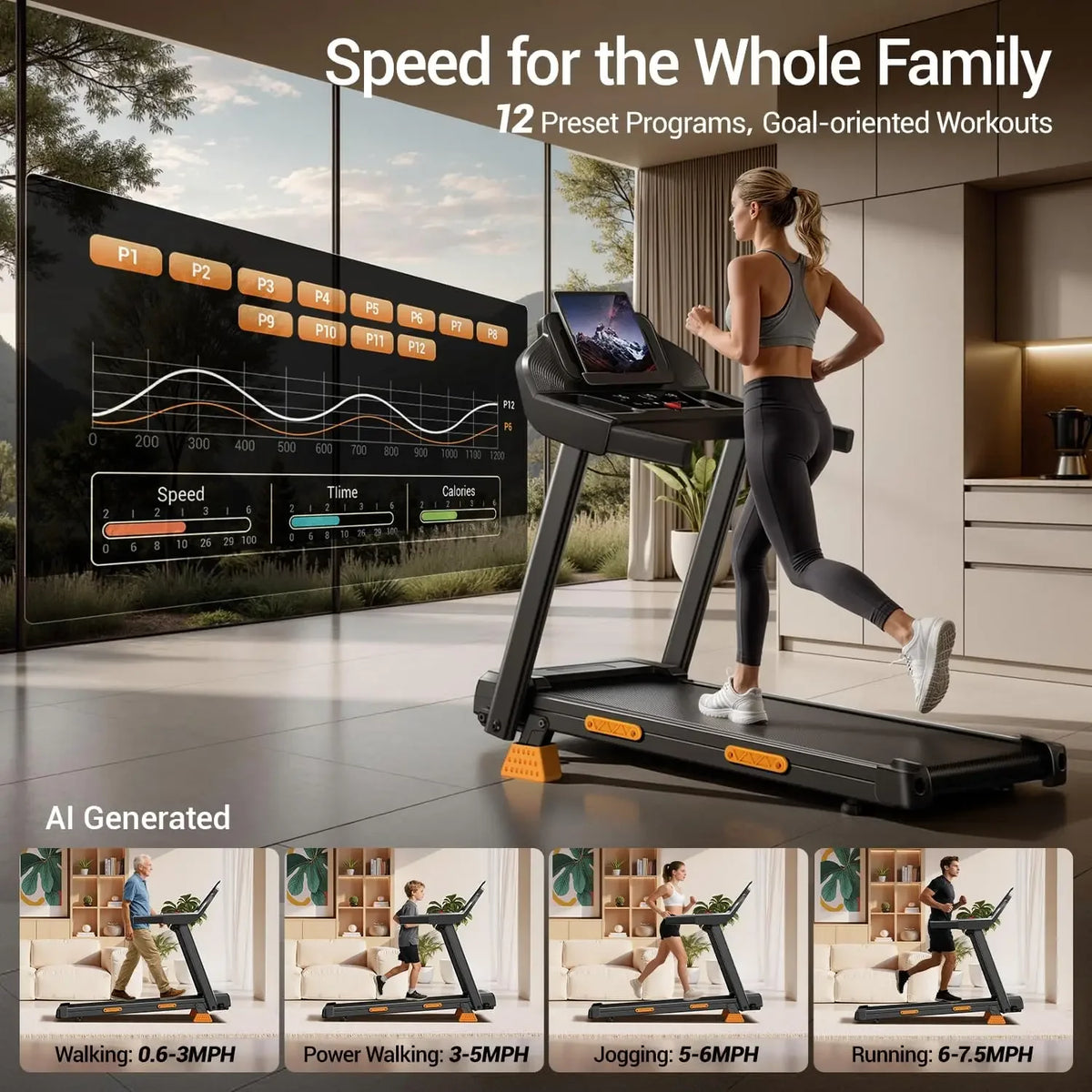 BestsellerTreadmills for Home with 16% Incline, Foldable Treadmill with Handles, Portable Treadmill with 12 Preset Programs, 400