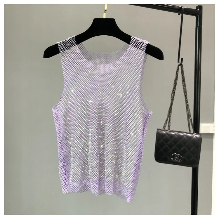 Crystal Beading Shiny Tanks Party Club Sexy Hollow Out Diamonds Stamping Camis Winky Sleeveless Vest