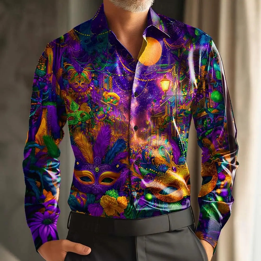 Mardi Gras Men's Colorful Carnival Mask with Feathers Shirt Long Sleeve Fashion Casual Party Summer 3D Print Button Up Shirts